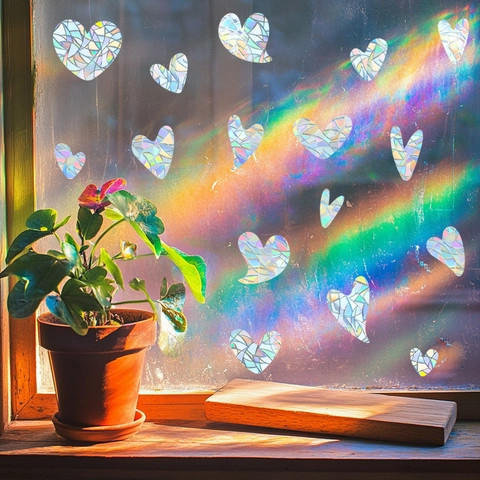 Irisierend Herz Fensterbilder Regenbogen Sonnenfänger Aufkleber PVC Prisma Glas Deko Für Zuhause Büro Wohnzimmer