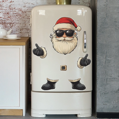 Cool Santa Claus Wearing Sunglasses Fridge Stickers Waterproof PVC Christmas Refrigerator Decoration DIY Home Wall Stickers