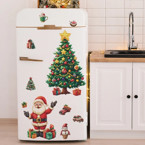 Christmas Wall Stickers PVC Santa Claus Tree Reindeer Gift Box Fridge Decals For Home Kitchen Window Holiday Decorations