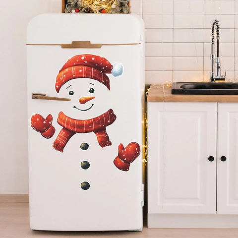 Cartoon Schneemann Kühlschrankaufkleber Weihnachten Dekorative PVC Wandaufkleber Set Roter Schal Hut Muster Für Küche Dekor