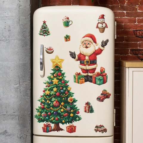 Christmas Wall Stickers PVC Santa Claus Tree Reindeer Gift Box Fridge Decals For Home Kitchen Window Holiday Decorations