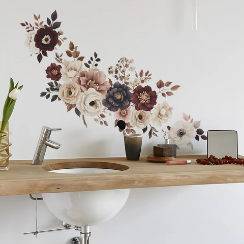 Adesivi Murali Floreali Vintage Dipinti a Mano PVC Rose Peonia Decalcomanie da Muro Rimovibili Decorazioni per Soggiorno Camera da Letto Bagno