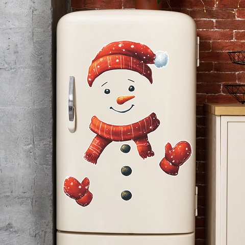 Cartoon Schneemann Kühlschrankaufkleber Weihnachten Dekorative PVC Wandaufkleber Set Roter Schal Hut Muster Für Küche Dekor