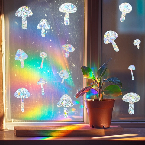 Adesivi per Vetrate a Prisma Arcobaleno a Fungo Laser Olografico Sun Catcher per Decorazione Vetro Casa Decalcomanie in PVC Botanico