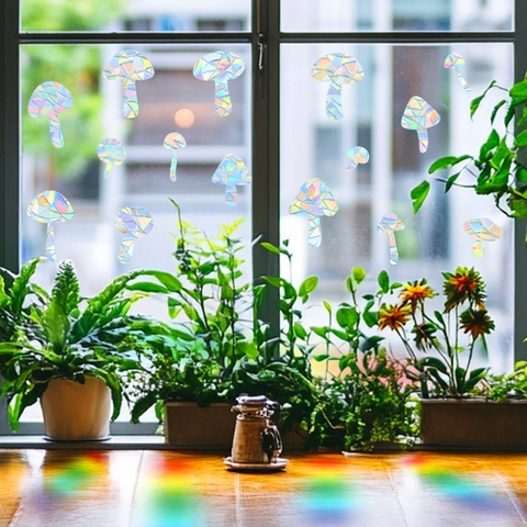 Adesivi per Vetrate a Prisma Arcobaleno a Fungo Laser Olografico Sun Catcher per Decorazione Vetro Casa Decalcomanie in PVC Botanico
