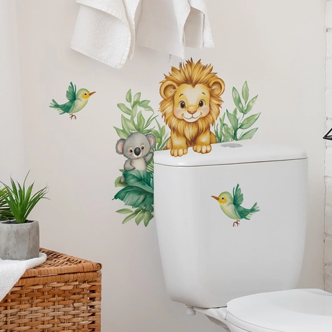 Lindo Adhesivo de Pared de León y Koala de Dibujos Animados Impermeable Autoadhesivo de PVC para Tapa de Inodoro Baño