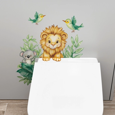 Lindo Adhesivo de Pared de León y Koala de Dibujos Animados Impermeable Autoadhesivo de PVC para Tapa de Inodoro Baño