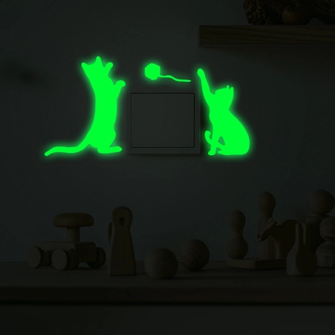 Pegatinas de Pared de Gato de Dibujos Animados Verdes Luminosas Glow In The Dark Silueta de Gatito Calcomanías de Interruptor