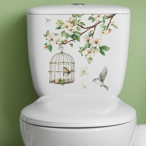 Pegatina de Inodoro de Jaula de Pájaros Floral Fresca Impermeable PVC Estilo Natural Pájaros Flor Calcomanía de Pared para Baño Decoración del Hogar