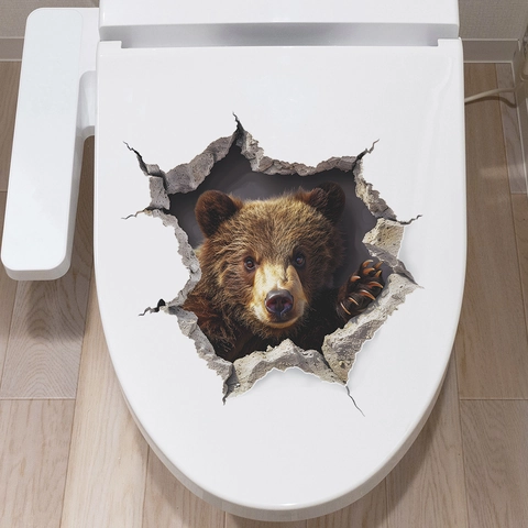 3D Realistic Brown Bear Toilet Sticker Creative Broken Wall Design Waterproof PVC Decal For Bathroom Home Wall Decoration