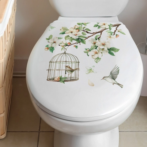 Pegatina de Inodoro de Jaula de Pájaros Floral Fresca Impermeable PVC Estilo Natural Pájaros Flor Calcomanía de Pared para Baño Decoración del Hogar