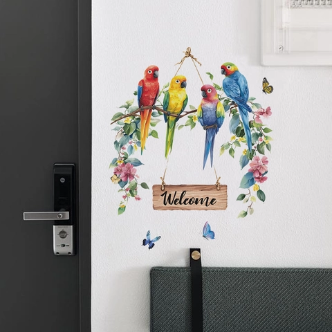 Kleurrijke Papegaai Welkomstbord Muursticker Bloem Vlinder PVC Natuur Home Decor Voor Deur Slaapkamer Woonkamer Muursticker