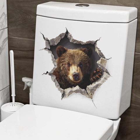 3D Realistic Brown Bear Toilet Sticker Creative Broken Wall Design Waterproof PVC Decal For Bathroom Home Wall Decoration