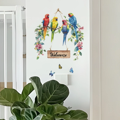 Kleurrijke Papegaai Welkomstbord Muursticker Bloem Vlinder PVC Natuur Home Decor Voor Deur Slaapkamer Woonkamer Muursticker