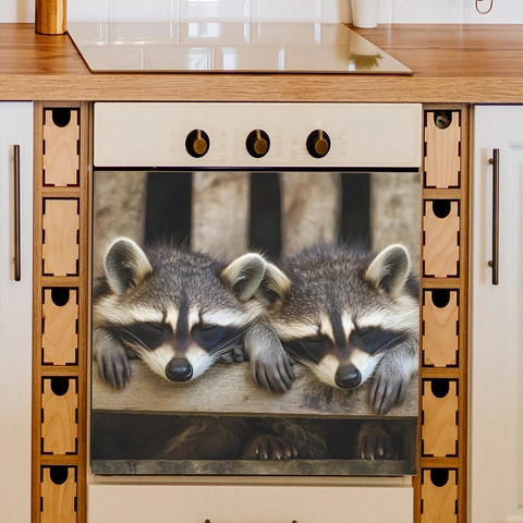 Sleeping Raccoon Pattern PVC Wall Sticker Self Adhesive Dishwasher Oven Appliance Decor Modern Kitchen Home Decoration