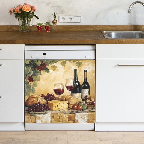 Vintage Wein Und Käse Ölgemälde Geschirrspüler Aufkleber Küchengerät Magnetische Dekoration Kühlschrank Panel Kunst Aufkleber