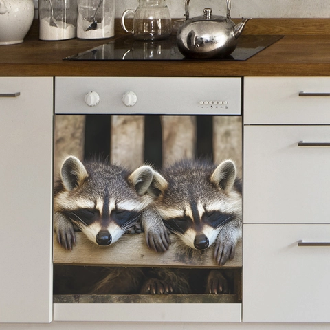 Sleeping Raccoon Pattern PVC Wall Sticker Self Adhesive Dishwasher Oven Appliance Decor Modern Kitchen Home Decoration