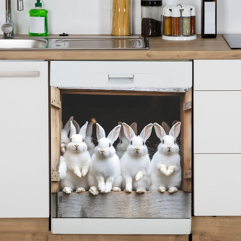 Pegatina de Pared de Conejo Blanco 3D Realista PVC Decoración Electrodomésticos Cocina Para Lavavajillas Horno Gabinete Decoración
