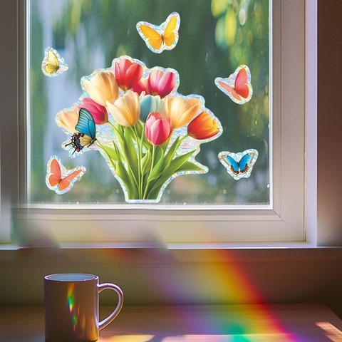 Holographischer Laser Regenbogen Fensteraufkleber Prisma Tulpe Schmetterling Statisch Haftende Glasdekor Heimdekoration