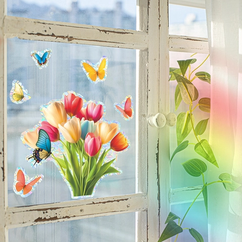 Holographischer Laser Regenbogen Fensteraufkleber Prisma Tulpe Schmetterling Statisch Haftende Glasdekor Heimdekoration