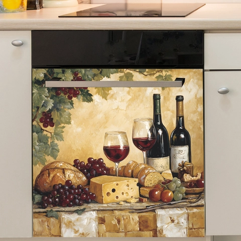 Vintage Wein Und Käse Ölgemälde Geschirrspüler Aufkleber Küchengerät Magnetische Dekoration Kühlschrank Panel Kunst Aufkleber