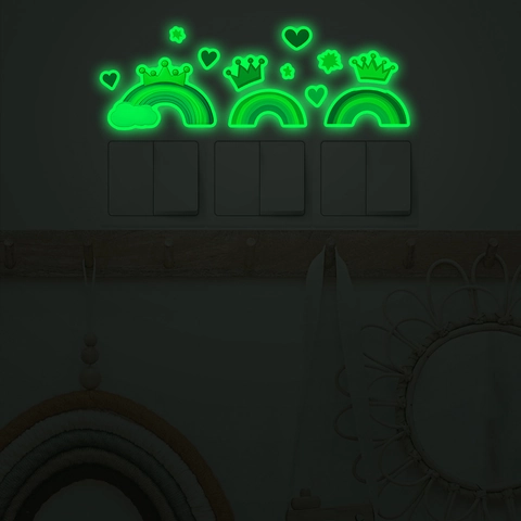 Leuchtende Regenbogen Krone Herz Wandtattoo Glow In The Dark PVC Lichtschalter Aufkleber Für Kinderzimmer Schlafzimmer Deko