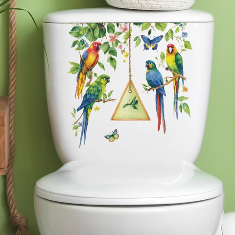 Tropische Papegaai Groen Blad Toiletdeksel Sticker Waterdicht PVC Badkamer Muursticker Moderne Huisdecoratie Afneembare DIY Mural