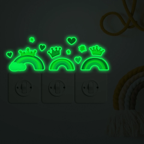 Leuchtende Regenbogen Krone Herz Wandtattoo Glow In The Dark PVC Lichtschalter Aufkleber Für Kinderzimmer Schlafzimmer Deko