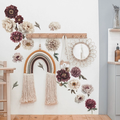 Vintage Painted Peony Flower Leaf Wall Stickers PVC DIY Floral Wall Decals For Bedroom Living Room Home Aesthetic Decoration