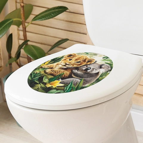 Cute Cartoon Lion And Koala Jungle Pattern Toilet Lid Sticker Waterproof PVC Bathroom Decoration Wall Decal For Home Decor
