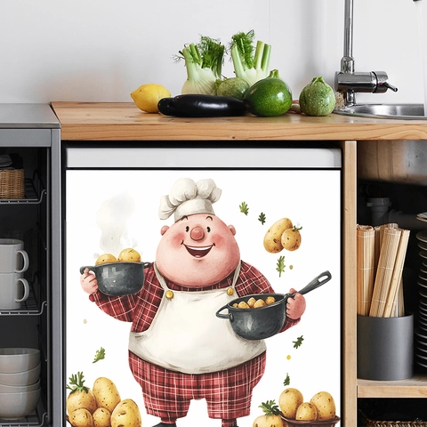 Pegatina Pared Cocina Chef Dibujos Animados Con Patatas PVC Impermeable Decoración Lavavajillas Armario Restaurante Mural