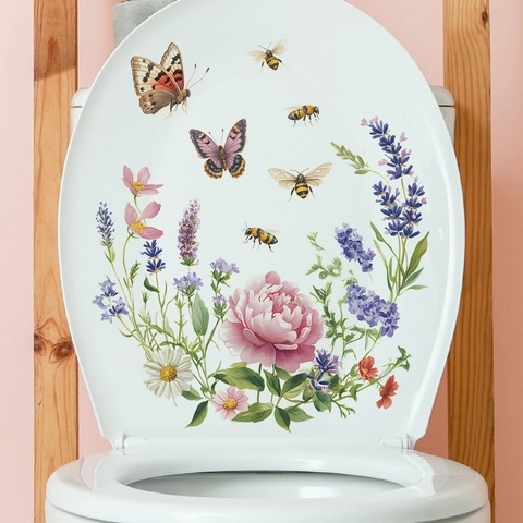 Kreativer Blumen Schmetterling Biene Toilettendeckel Aufkleber PVC Wasserdicht Selbstklebend Badezimmer Home Wandsticker