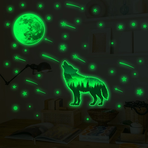 Leuchtendes Wolf Mond Wandtattoo Im Dunkeln Leuchtend Wald Silhouette Sterne Aufkleber Für Schlafzimmer Wohnzimmer PVC Home Deko