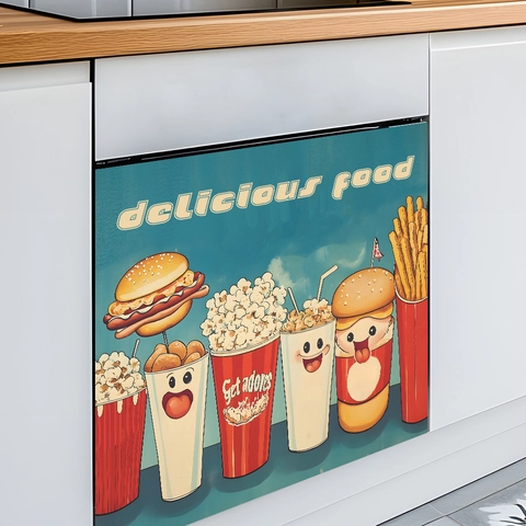 Pegatina de Pared de PVC de Comida Rápida Americana Vintage Para Cocina Lavavajillas Refrigerador Decoración Patrón Hamburguesa Papas