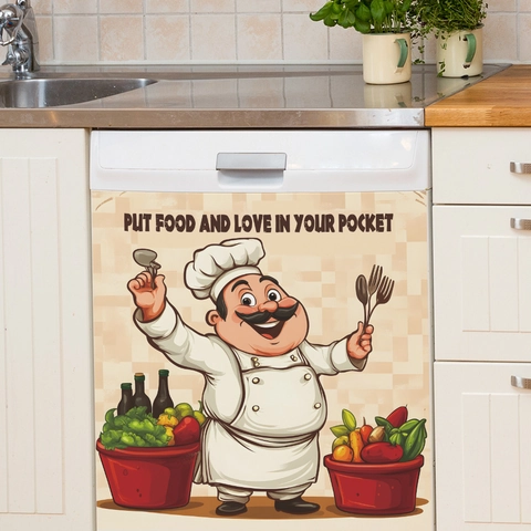 Cartoon Chef Kitchen Dishwasher Magnetic Sticker Waterproof PVC Wall Decal Home Restaurant Background Decorative Mural