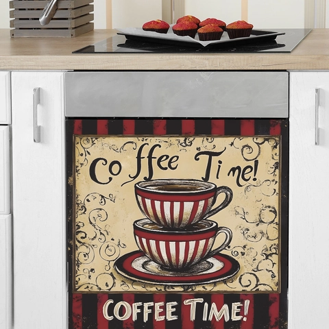 Vintage Coffee Time Wandaufkleber Retro Streifen Kaffeetasse PVC Dekoratives Grafik Poster Für Küche Spülmaschine Schrank Dekor