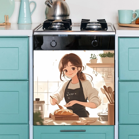 Anime Backendes Mädchen Küchengeräteaufkleber PVC Wasserdicht Ofen Spülmaschine Aufkleber Für Haus Küche Dekor Wandkunst