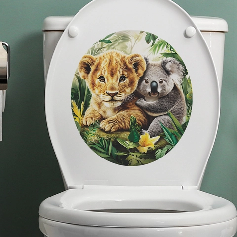 Cute Cartoon Lion And Koala Jungle Pattern Toilet Lid Sticker Waterproof PVC Bathroom Decoration Wall Decal For Home Decor
