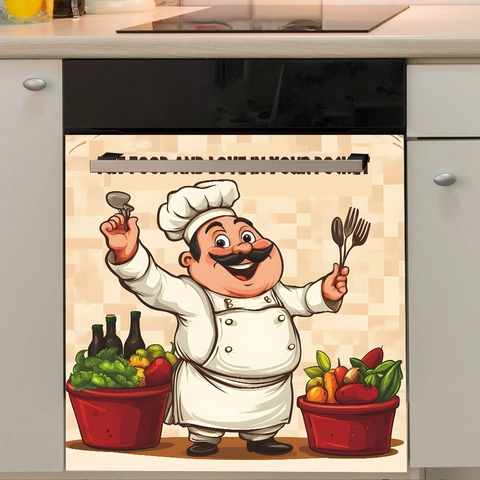 Cartoon Chef Kitchen Dishwasher Magnetic Sticker Waterproof PVC Wall Decal Home Restaurant Background Decorative Mural