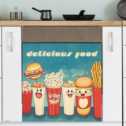 Pegatina de Pared de PVC de Comida Rápida Americana Vintage Para Cocina Lavavajillas Refrigerador Decoración Patrón Hamburguesa Papas