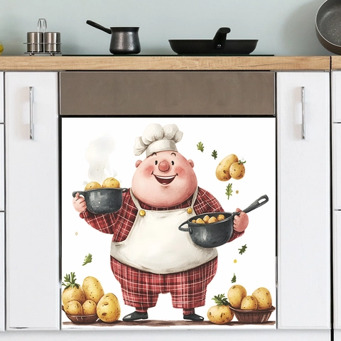 Pegatina Pared Cocina Chef Dibujos Animados Con Patatas PVC Impermeable Decoración Lavavajillas Armario Restaurante Mural