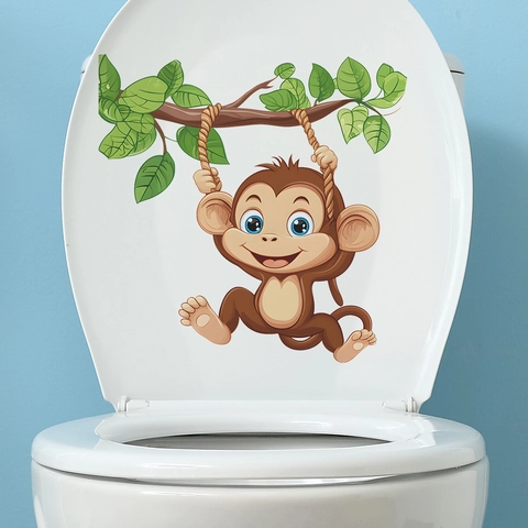 Waterproof PVC Cartoon Monkey Swinging On Tree Branch Toilet Sticker For Bathroom Home Decor Removable Decorative Wall Decal
