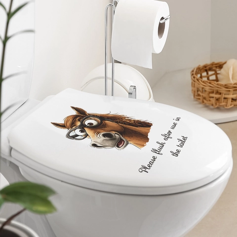 Grappige Cartoon Paard Met Bril Toiletsticker Verwijderbaar Waterdicht PVC Badkamer Muursticker Gelieve Door Te Spoelen Bord Voor Huis