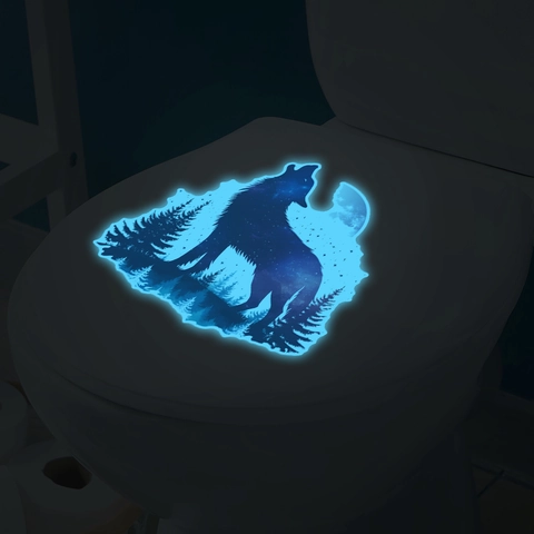 Adesivo per Gabinetto PVC Lupo Solitario Foresta Luna Fluorescente Impermeabile Autoadesivo Decalcomania Bagno Casa Decor