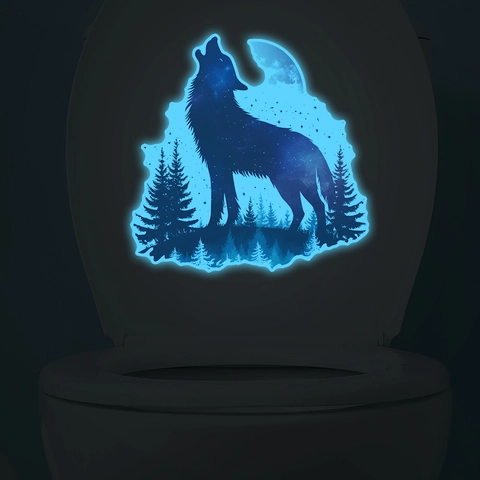 Adesivo per Gabinetto PVC Lupo Solitario Foresta Luna Fluorescente Impermeabile Autoadesivo Decalcomania Bagno Casa Decor