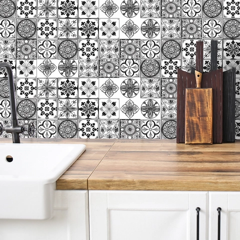 Bohemian Zwart Wit Mandala Patroon Tegelstickers PVC Zelfklevend Waterdicht Keuken Badkamer Home Decor Muurstickers