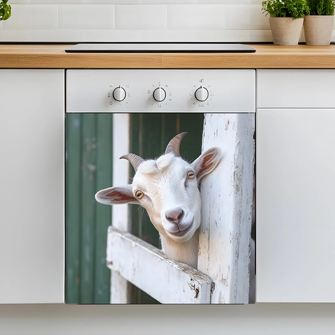 Cute Goat Peeking Over Fence Dishwasher Magnet Cover PVC Oven Sticker Decorative Kitchen Appliance Decal Home Decor