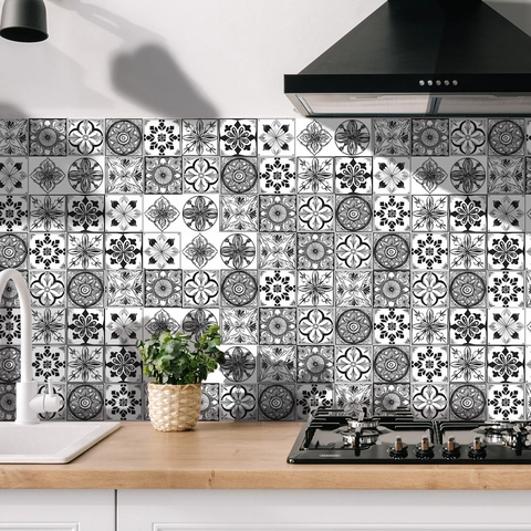 Bohemian Zwart Wit Mandala Patroon Tegelstickers PVC Zelfklevend Waterdicht Keuken Badkamer Home Decor Muurstickers