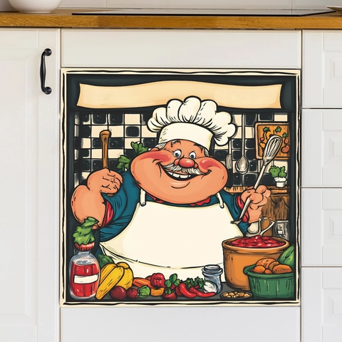 Divertente Adesivo Decorativo da Cucina Con Chef Grasso Impermeabile Autoadesivo per Lavastoviglie Forno Armadio Casa Decorazione