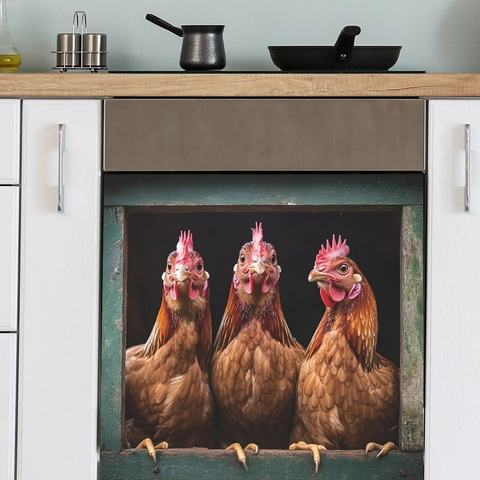 Pegatina Creativa Para Lavavajillas Tres Pollos PVC Marco Madera Rústica Calcomanía Electrodoméstico Para Horno Nevera